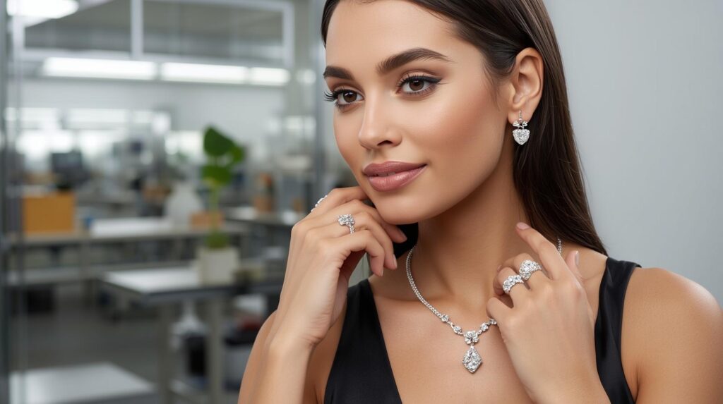 Sustainability in jewellery manufacturing and why it matters for retailers, daimond jewelleery with model women