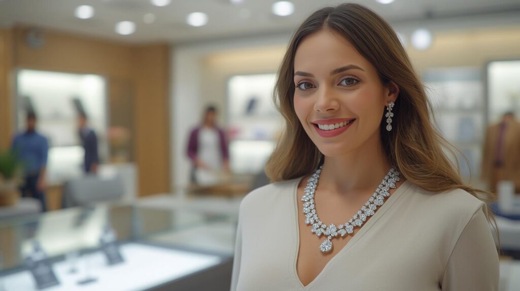 A Retailer’s Walkthrough of Scheduling a Factory Visit or Virtual Product Tour, with women model with full daimond jewellery set